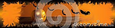 Halloween banner for website and social networks with glowing pumpkin and bats Stock Photo