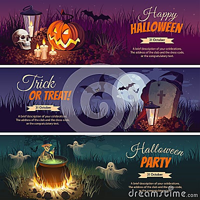 Halloween Banners with the characters on the background. Night autumn landscape Vector Illustration