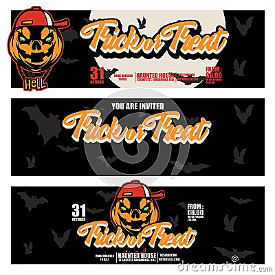 Halloween Banners with the swag pumpkin wearing snap back and hell type necklace characters on the background. Night autumn Stock Photo