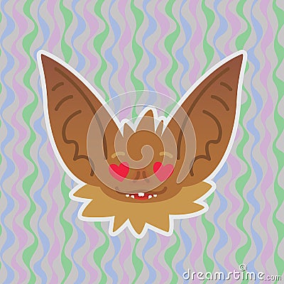 Halloween Bat smiley head with hearts in eyes. In love. Vector illustration of bat-eared brown snout shows enamored Vector Illustration