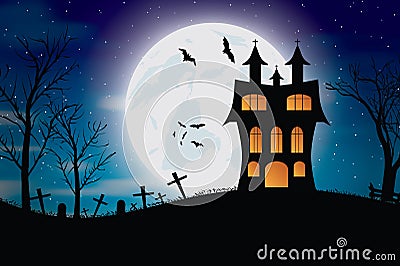 Halloween bats and dark castle on blue Moon background. Vector Illustration
