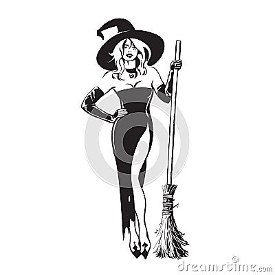 Halloween beautiful sexy witch holding broomstick in sketch style. Pretty young woman in witches hat and black dress Vector Illustration