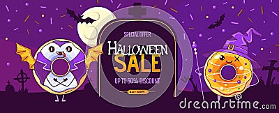 Halloween big sale poster with kawaii sweet donuts. Halloween background. Vector Illustration