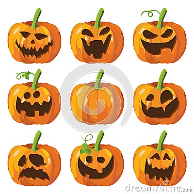 Halloween big set with pumpkins. 3d pumpkin face. Vector. Vector Illustration