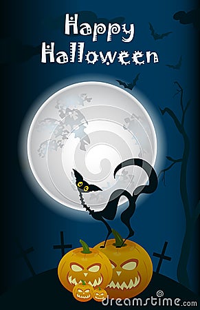 Halloween, black cat on moon background Vector Illustration