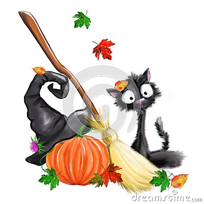 Halloween black cat, pumpkin, whist, witch hat, autumn leaves Stock Photo