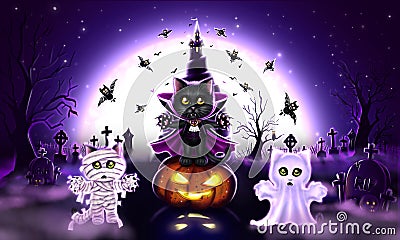 Halloween black cats dracula, mummy and ghost on the background of the night sky with a big moon, castle and cemetery horizontal Cartoon Illustration