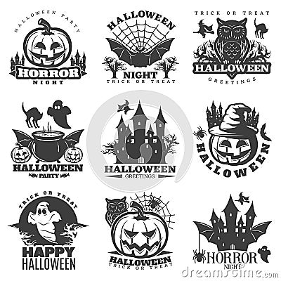 Halloween Black White Emblems Vector Illustration