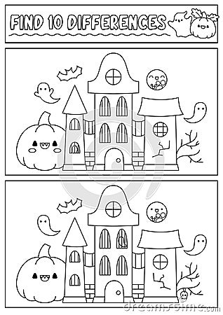 Halloween black and white find differences game for children. Attention skills line activity with cute haunted house. Puzzle for Vector Illustration