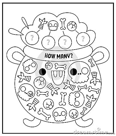 Halloween black and white I spy game for kids. Searching and counting line activity with cute kawaii holiday symbols, cauldron, Vector Illustration