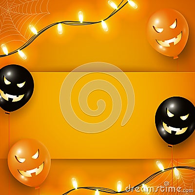 Halloween blank template for your arts with copy space. Square layout with Halloween orange and black air balloons, garland lights Stock Photo