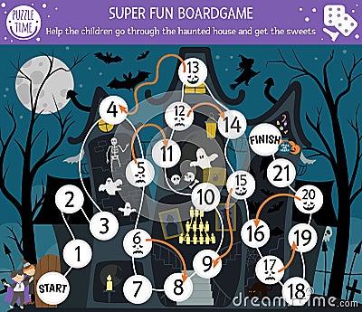 Halloween board game for children with haunted house and cute children. Educational boardgame with bat, skeleton, ghost. Help the Vector Illustration