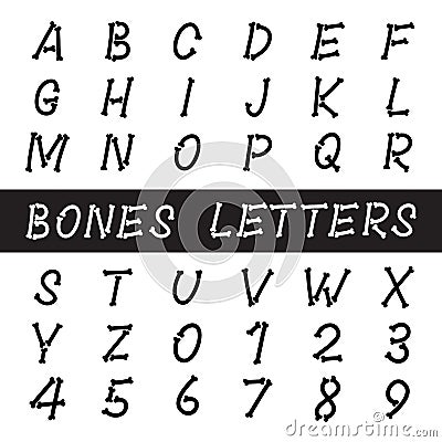 Halloween bones alphabet font letters and numbers isolated Vector Illustration