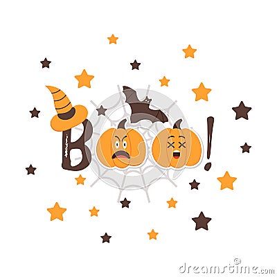 Halloween BOO message with Pumpkins angry Emoji, Bat and Witch Hat. Friendly Emoji Faces in the night sky with stars Vector Illustration