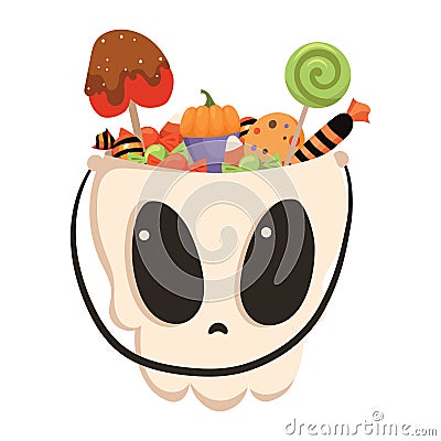 Halloween bucket in the shape of a skull filled with sweets. Cartoon illustration of a basket for Halloween. Vector Vector Illustration