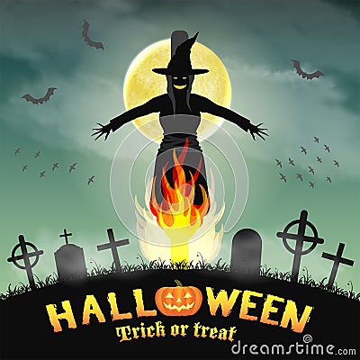 Halloween burning witch in a night graveyard Vector Illustration