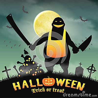 Halloween butcher monster in a night graveyard Vector Illustration