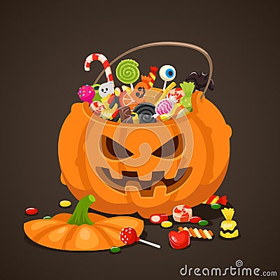 Halloween candies in pumpkin bag. Sweet lollipop candy for kids. Trick or treat, isolated children sweets vector Vector Illustration