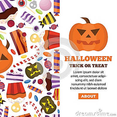 Halloween candies, vertical banner, sweets for children. pumpkin, lollipop, candy, cupcakes, cakes. cartoon flat Vector Illustration