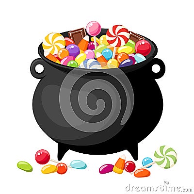 Halloween candies in witches cauldron. Vector Illustration