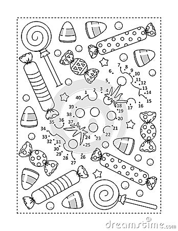 Halloween candy dot-to-dot picture puzzle and coloring page Stock Photo