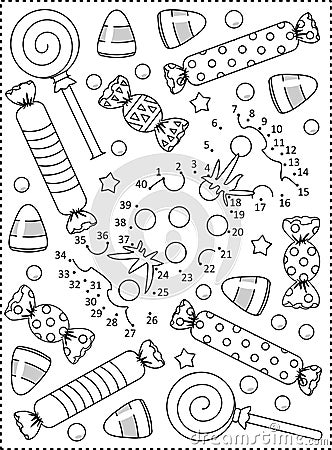 Halloween candy dot-to-dot picture puzzle and coloring page Stock Photo