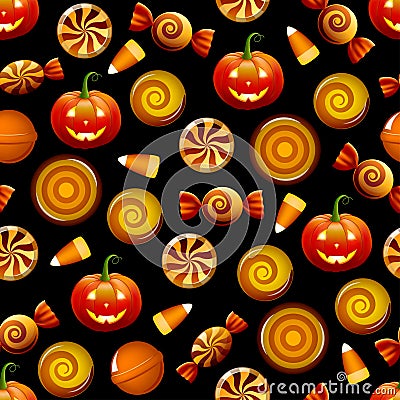 Halloween candy seamless pattern with pumpkins Vector Illustration