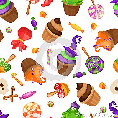 Halloween candy seamless pattern. Texture with sweets, candy corn and pumpkins on black background. Vector illustration Vector Illustration