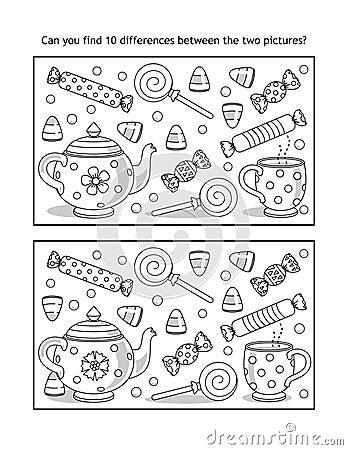 Halloween candy and tea party find the differences picture puzzle and coloring page Stock Photo