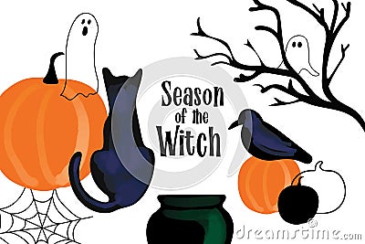 Halloween card design with pumkin, black cat, ghosts illustration and text Season of the Witch on white background Vector Illustration