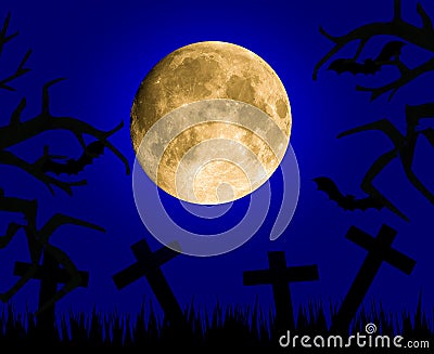 Halloween card with full moon, crosses, tree branches and bats Stock Photo