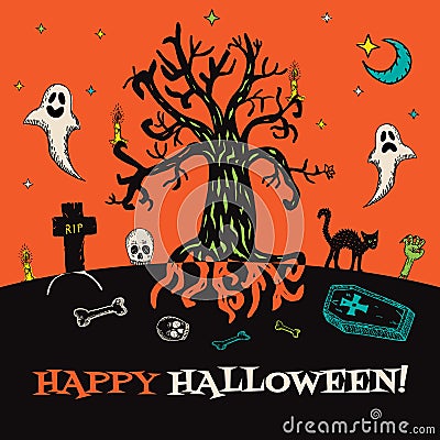 Halloween card with hand drawn cemetery landscape and scary elements Cartoon Illustration