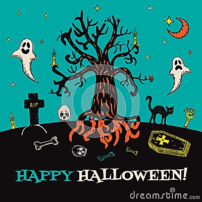 Halloween card with hand drawn cemetery landscape and scary elements Cartoon Illustration