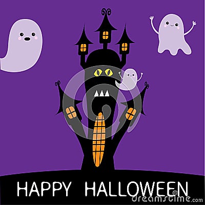 Halloween card. Haunted house silhouette with eyes, windows and flying transparent ghost spirit. Boo Funny Cute cartoon baby chara Vector Illustration