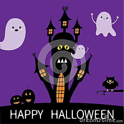 Halloween card. Haunted house silhouette with eyes, windows, pumpkins, owl and flying transparent ghost. Boo Funny Cute cartoon ba Vector Illustration