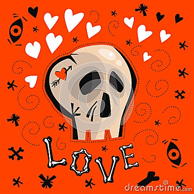 Halloween card. Love, grey scull and hearts. Stock Photo