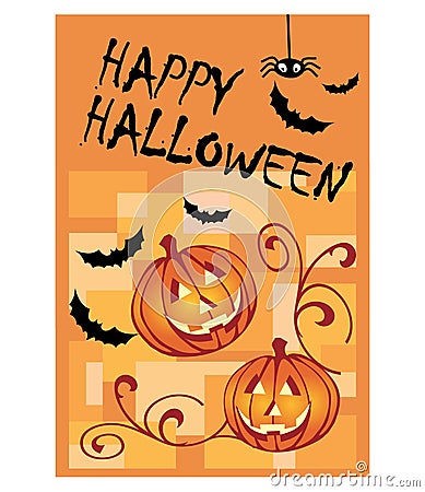 Halloween card with pumpkins, spider and bats Vector Illustration