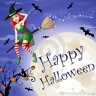 Halloween card with red-haired witch flying over moon Vector Illustration