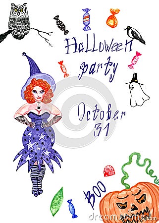 Halloween card. halloween Symbols set on white background. Witch, owl, pumpkin Cartoon Illustration