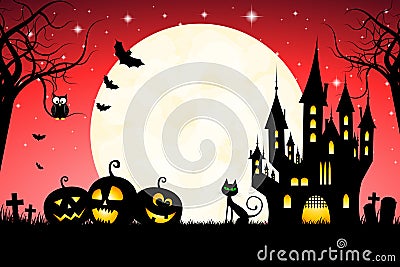 Halloween illustration - castle, moon, pumpkins Cartoon Illustration