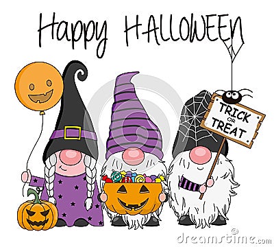 Halloween card. Three gnomes with candy, pumpkin and trick or treat card. Vector Illustration