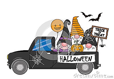 Halloween card. Three gnomes inside a vehicle celebrating halloween. Vector Illustration