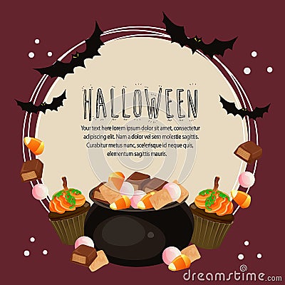 Halloween card with treats and bat ound text Vector Illustration