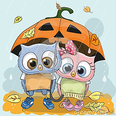 Halloween card Two cute cartoon Owls Vector Illustration