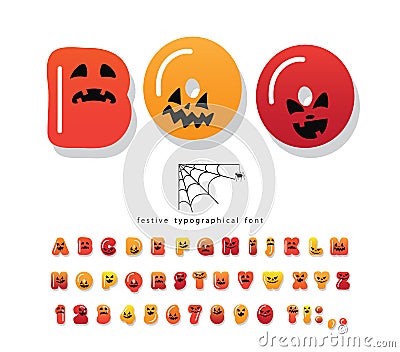 Halloween cartoon font. Cute colorful letters and numbers with cpooky creepy faces. Funny orange alphabet for kids. Vector Cartoon Illustration