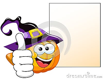 Halloween Cartoon pumpkin thumb up blank banner Vector Illustration