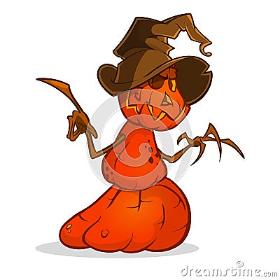 Halloween cartoon scarecrow with pumpkin head. Vector cartoon character isolated on white. Vector Illustration