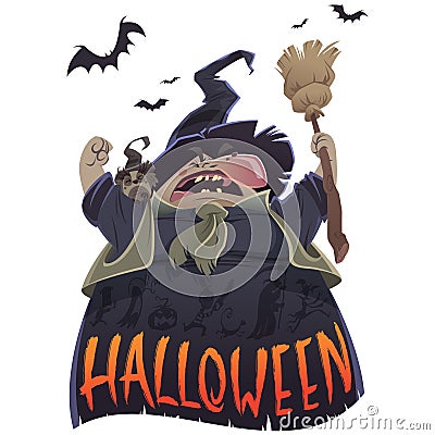 Halloween cartoon scary witch with broom and owl Stock Photo