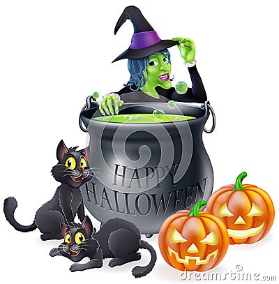 Halloween Cartoon Witch Scene Vector Illustration