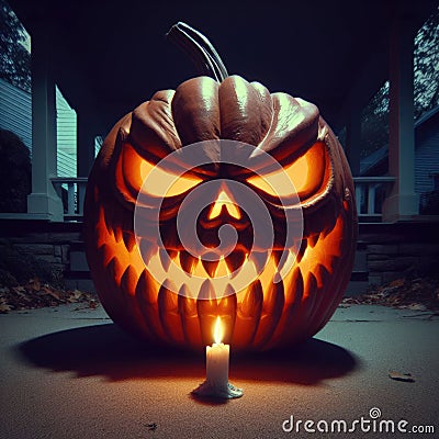 Halloween carved pumpkin sits on porch looking terrifying Stock Photo